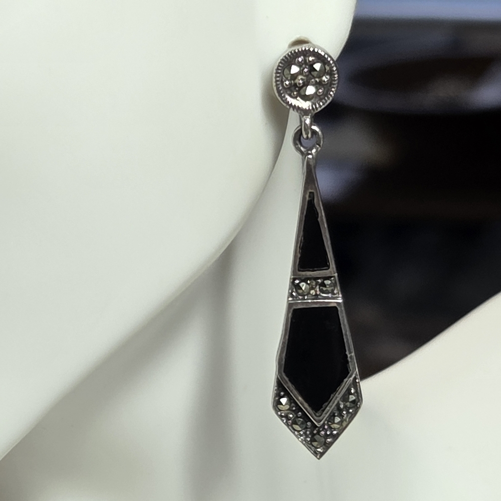 vtg art deco onyx marcasite pendulum dangle pierced sterling silver earrings 925